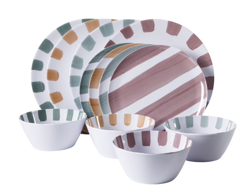 Gibson Home Cottage Stripes 12 Piece Unbreakable Melamine Plates and Bowls Dinnerware Set - Outdoor, Camping, & Everyday Use - Assorted Colors