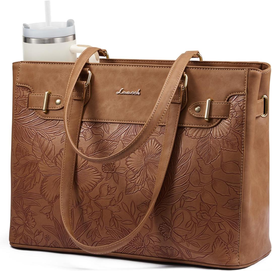 LOVEVOOK Laptop Tote Bag for Women Work, Teacher Tote Bag with Large Cup Holder, Waterproof Leather Computer Bag
