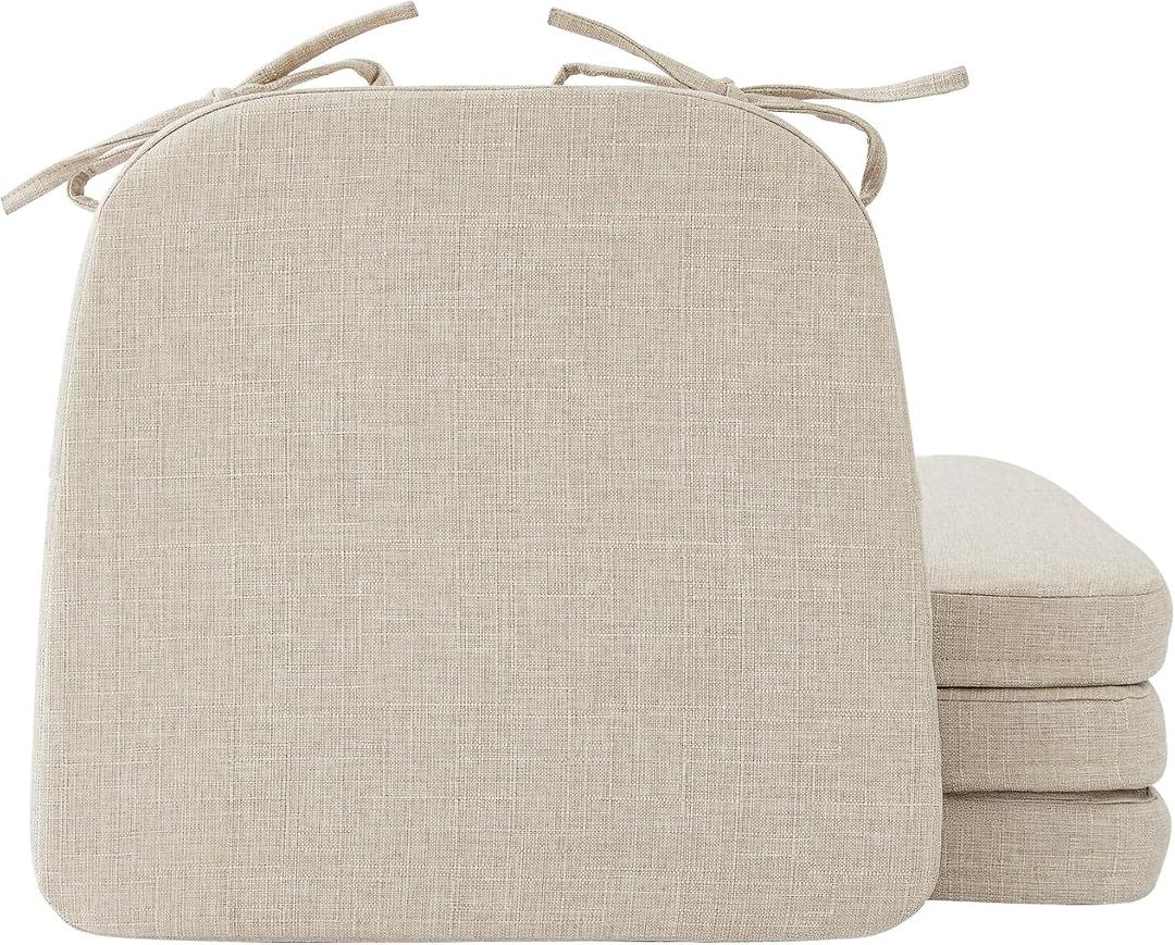 Ruqmuis Chair Cushions for Dining Chairs, 2" Thick Seat Cushions for Kitchen Chairs, D-Shaped Chair Pads with Washable Cover, Ties and Non Slip Backing, 17'' x 16'', Set of 4, Beige