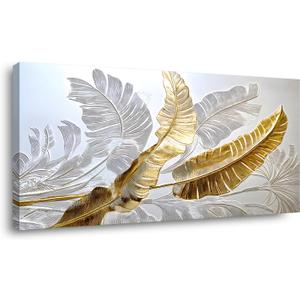 Gold Silver Leaf Canvas Wall Art Golden Silver Palm Leaves Art Painting Abstract Leaf Landscape Painting Textured Modern Aesthetic Nature-Inspired Metallic Leaf Picture Artwork for Living Room, Bedroom & Office, Ready to Hang (16x32 Inches)