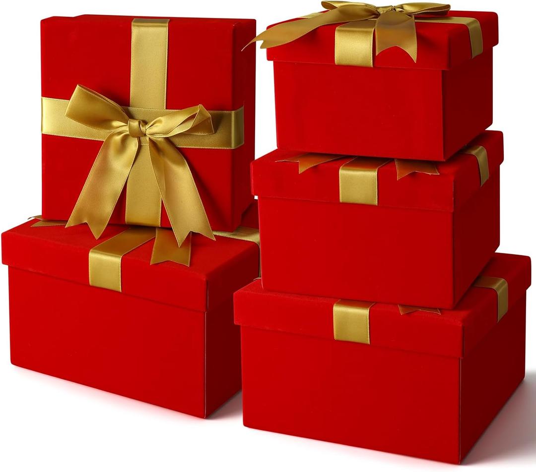 Tenceur 5 Pcs Christmas Gift Boxes Red Assorted Gift Square Boxes with Lids Velvet Gifts Box Birthday Gifts Box with Ribbon for Festival Christmas Birthday Weddings(Gold)