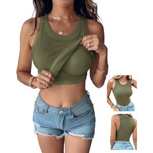 CHICME Women Built-in Bra Tank Tops Sleeveless Casual Shirts Racerback Ribbed Fitted Tank Tops (Medium, Army Green)