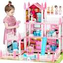 Doll House for Girls, DIY Dream Dollhouse with Furniture and Rooms Accessories, Miniature Pretend Playhouse with Lights, Building Princess House Dolls Playset Figures Toys Kit Gift for Ages 3+