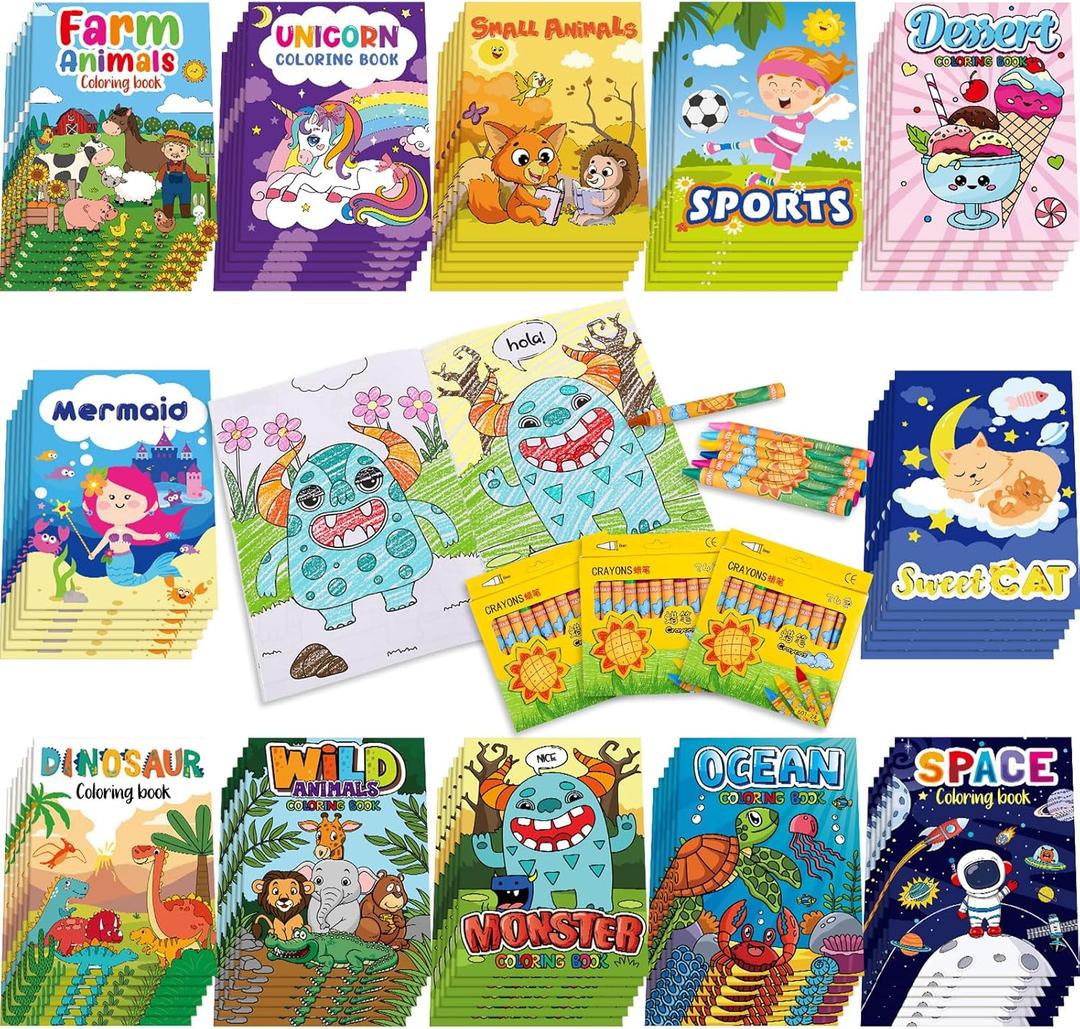 Fulmoon 144 Pcs Coloring Books with Crayons for Kids Bulk Dinosaur Animal Unicorn Space Mini Coloring Books for Toddler Ages 6+ Birthday Party Favors Classroom Activity Supplies Crafts