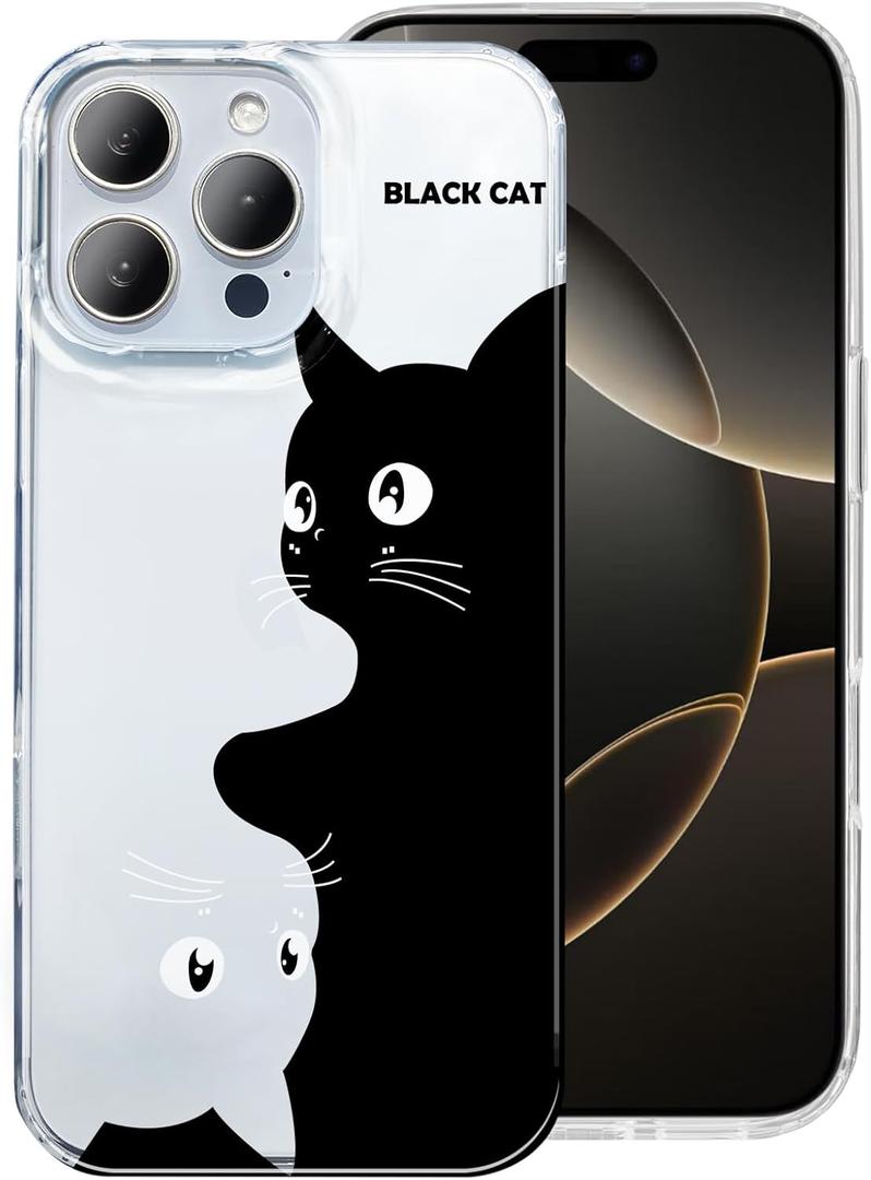 Compatible for iPhone 16 Pro Max 6.9 Case Cute Black Cat Shockproof Funny Clear Phone Cover for Women and Men