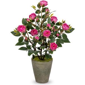 Artificial Flower Plants Camellia Pink Roses Faux Potted Plant with Cement Pot Fake Silk Flower Rose Camellias Flower Arrangement Office Home Decor Bathroom Shelf Desk Decoration 15 Inch