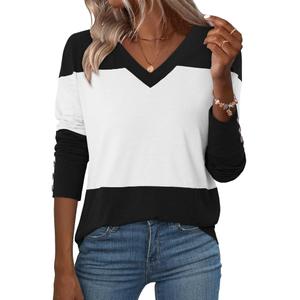 KISSMODA Fall Shirts For Women 2025 Tunics Or Tops To Wear With Leggings Blouses For Women Business Casual V Neck T Shirts White Color Block Tops Work Clothes White S
