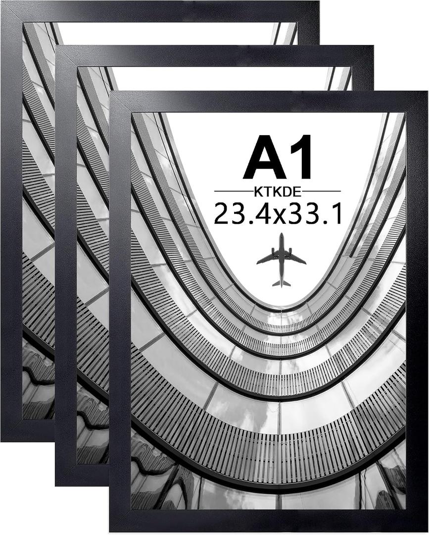 KTKDE A1 Black Modern Picture or Poster Frame 3 Pack,23.4x33 Poster Frames Black Wooden frame, Vertical & Horizontal Wall Hanging Large Picture Frames for Photos, Posters & Art Prints