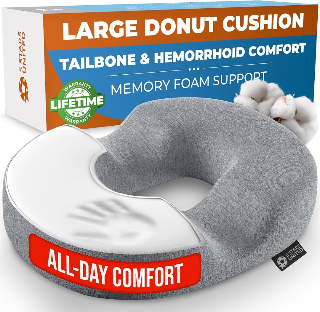5 STARS UNITED Donut Pillow Hemorrhoid Tailbone Cushion  Large Cushion for Pain Relief  Coccyx, Prostate, Sciatica, Pelvic Floor, Pressure Sores, Pregnancy, Postpartum Recovery, Gray