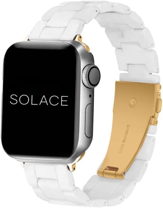 Solace Bands Lightweight Perma Watch Band - Universal Fit for Apple Watch Bands for Women and Men, iWatch Bands for 38mm 40mm 41mm 42mm 44mm 45mm 49mm Ultra, SE and Series Series 10 9 8 7 6 5 4 3 2 1 (Matte Solid) (White/Gold Hardware)