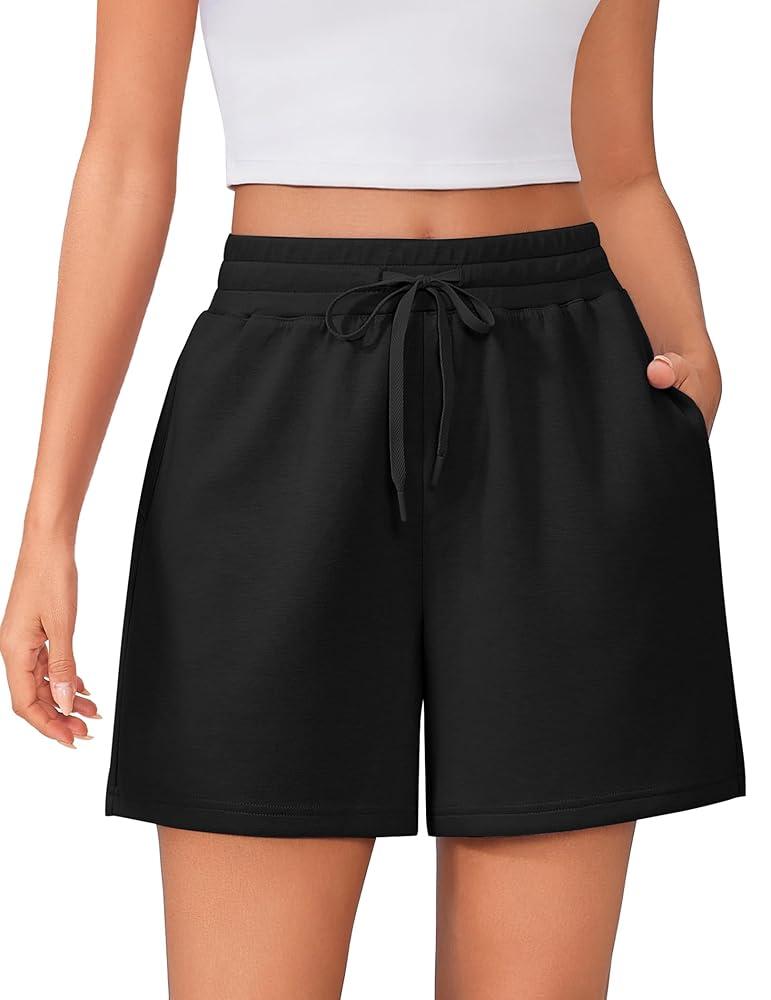 PINSPARK Sweat Shorts for Women Casual Summer Athletic Short Elastic Waist Comfy Lounge Shorts Bottoms with Pockets, Black, L