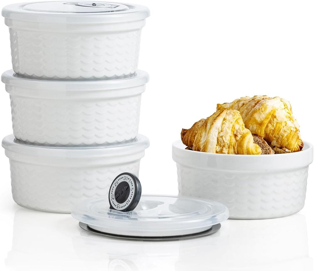 Ceramic Ramekins with Lids Oven Safe Set of 4, Baking Bowls for Dessert, Food Storage Bowls with Airtight Lids, Meal Prep Containers, Lunch Office Meal for Microwave and Freezer, White Ripple (12 oz)