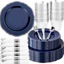 Hioasis 175pcs Blue Silver Plastic Plates - Silver Plastic Dinnerware Set Includes 25 Dinner Plates, 25 Dessert Dinnerware, 25 Cups, 25 Napkins Perfect for Wedding & Party