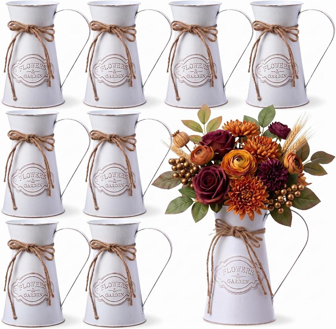 8 Pcs Metal Pitcher Jug Vase for Flower Farmhouse Rustic Milk Can 7. 87 Inch Flower Vintage Vase Pitcher Decor Kitchen Bathroom Decor for Home (White)