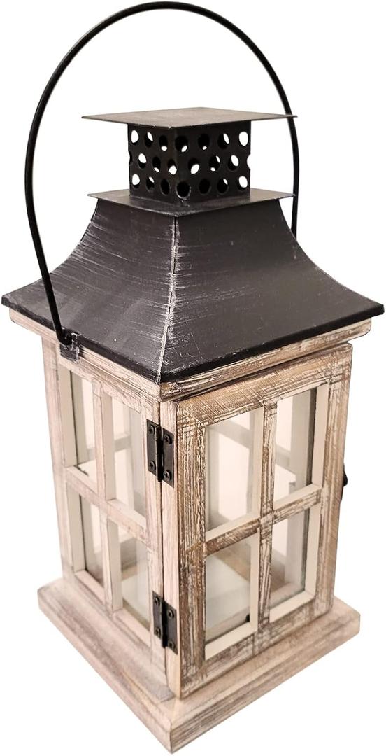 Vintage Wooden Decorative Lantern Candle Holder Rustic Farmhouse Wedding Centerpiece Lantern for Table Mantle Wall Hanging Display Party Home Decor Indoor Outdoor X'Mas