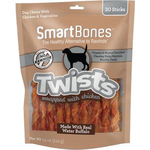 Smartbones Twists Wrapped with Chicken Made with Real Water Buffalo, 30 Count, Rawhide-Free Chews for Dogs, 7.40 Ounce (Pack of 1) (EXP 04/27/26)