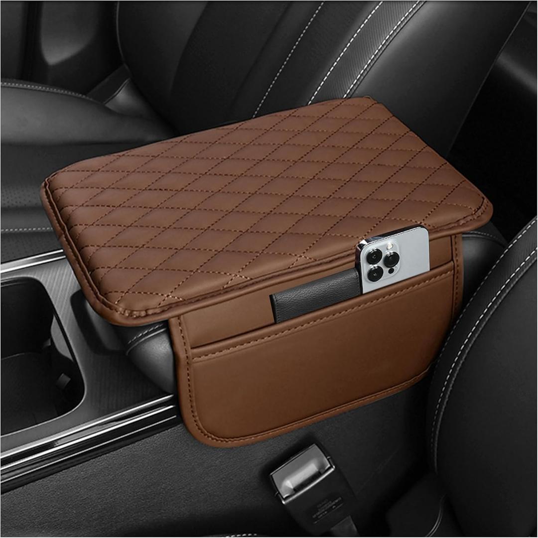 Upgraded Car Center Console Cover,Microfiber Leather Car Armrest Cover Cushion with 2 Storage Bags,Universal Armrest Storage Box Accessories for Most Vehicles (Brown)