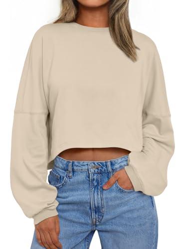 Trendy Queen Cropped Sweatshirts for Women Oversized Crewneck Sweaters Long Sleeve Tops Fall Winter Clothes 2026 Apricot, Size M