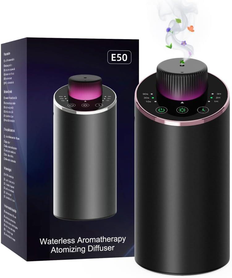 Waterless Essential Oil Diffuser Aromatherapy Scent Diffusers for Home Large Room, Bedroom, Car, Office, Desk, Battery Operated Mini Portable Air Freshener, 3 Countdown Timers & 3 Mist Levels (Black)