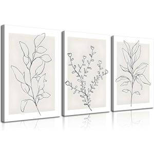 3Pcs Framed Neutral Botanical Wall Art Minimalist Abstract Botanical Line Canvas Posters Prints Modern Beige Boho Plant Paintings Wall Decor Pictures for Bedroom Living Room Home Decoration
