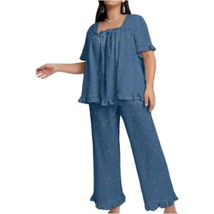OYOANGLE Women's Plus Size Pajama Set Floral Short Sleeve Sleepwear Ruffle Pants 2 Piece Pjs Lounge Set (Blue, Size: 4X-Large Plus)