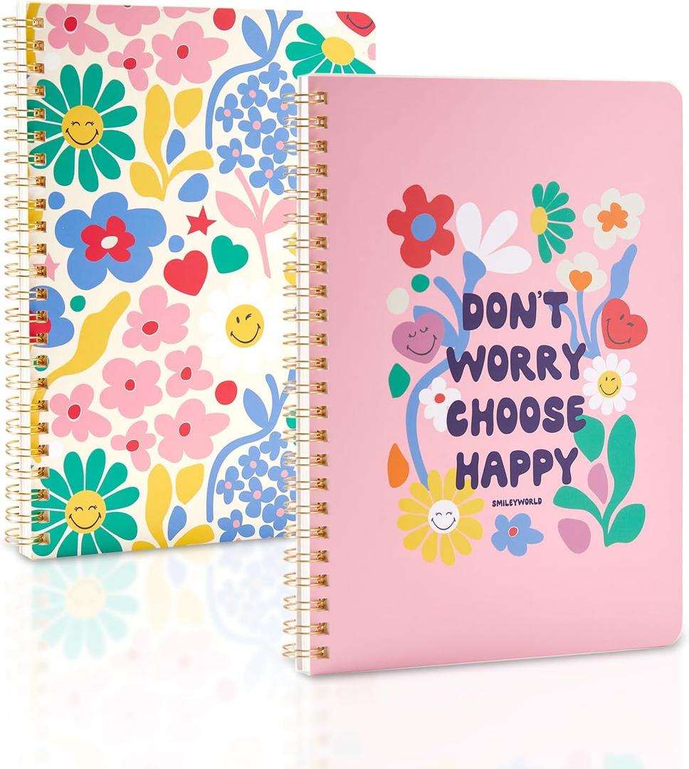 Kaco Pack 2 Cute Mini Spiral Notebooks, Set of 2 For Women, 8.2'' x 5.9'' Hardcover Journal 120 x 2 Lined Pages with Pocket and Sticker (Floral)