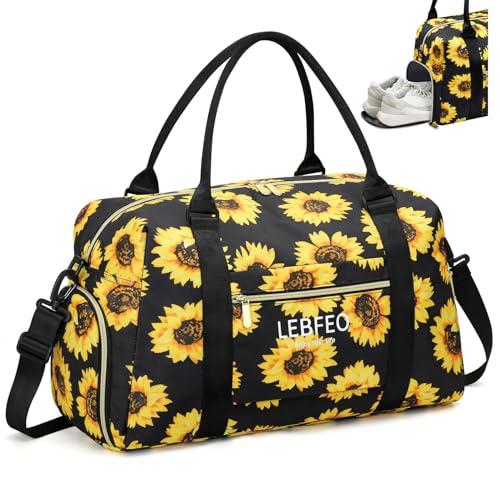 LEBFEO Travel Duffle Bag for Women Large Weekender Overnight Bags Gym Bag with Shoe Compartment Waterproof Hospital Bag Carry On Tote Bag for Airplanes,Sunflower