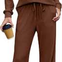Amoretu Women's 2 Piece Set Fall Outfits Lounge Set V Neck Wide Leg Pants Matching Sets, for Work and Casual with Pockets (Brown, L)