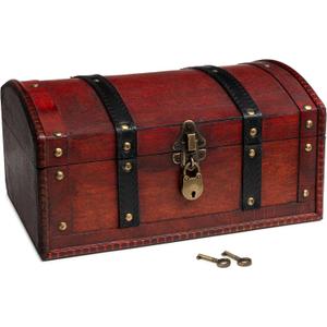 Happenings Wooden Treasure Chest Box – Red Lockable Vintage Decorative Chest for Storage, Keepsakes, Jewelry, Trinkets– Pirates Wooden Chest Decor (11.8x8x6)