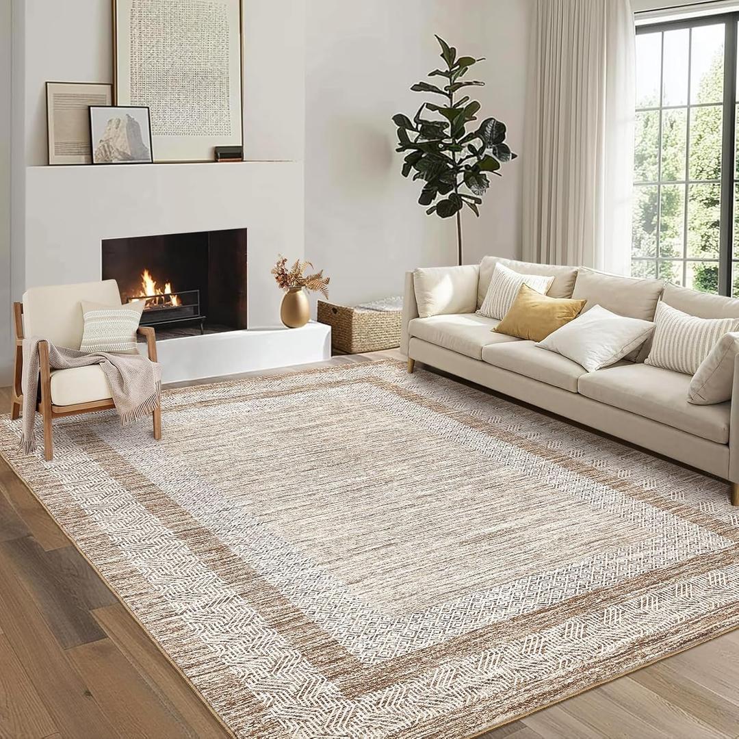 GarveeHome 8x10 Large Washable Area Rug Modern Bordered Rug Distressed Geometric Floor Carpet, Soft Non Slip Rug, Low Pile Non Shedding Rug, Indoor Brown Rug for Bedroom, Living Room