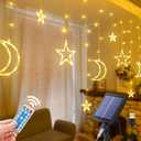 Ramadan Solar Icicle Lights,10.8ft 138 LED Outdoor Waterproof Moons Stars Curtain Window String with 8 Modes Timer Remote,USB Rechargeable Connectable Warm White Hanging Decor for Patio