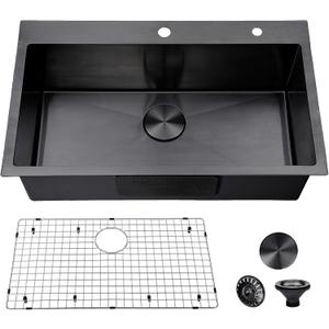 VESLA HOME 30 inch Drop in Black Kitchen Sink, Single Bowl Stainless Steel Handmade Topmount Kitchen Sinks with Dish Grid and Drain