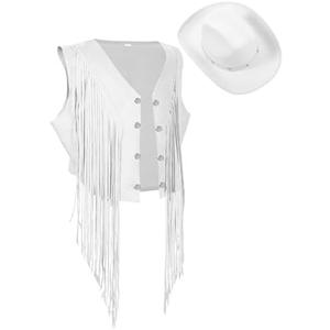 Yaomiao 70s Hippie Womens Fringe Vest Western Felt Cowgirl Hat Cowgirl Costume Rivets Sleeveless Faux Suede Tassels Jacket XL