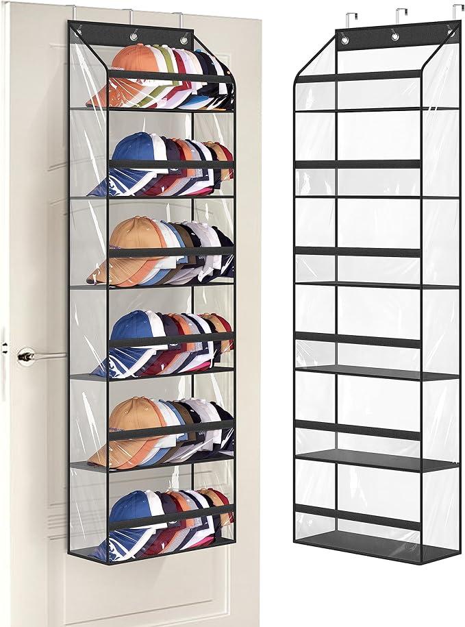 Hat Organizer Rack for Door -Storage for on Wall, Clear Deep Pockets,6 Tiers, Holds at Least 60 Hats, with 3 Hooks Black Hat Organizer Rack for Door -Storage for on Wall, Clear Deep Pockets,6 Tiers, Holds at Least 60 Hats, with 3 Hooks Black