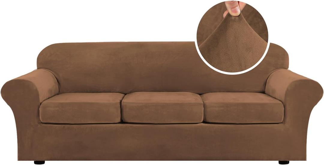 H.VERSAILTEX Velvet 4 Piece High Stretch Sofa Slipcover Cover Furniture Protector Form Fit Luxury Thick Velvet Extra Large Sofa Cover for 3 Cushion Couch Width Up to 105 Inch (XL Sofa, Caramel)