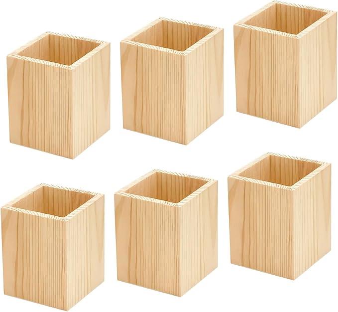 Cregugua 6 Pack Wood Pen hlolder Unfinished Wooden Pencil Holder for Homemade DIY Crafts (3"x3"x4")