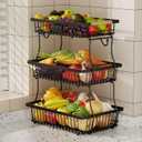 3 Tier Fruit Basket for Kitchen Counter with 2 Banana Hangers, Countertop Metal Fruit Bowl with Wooden Handle, Large Storage Stand for Vegetables, Snacks, Breads, Produce Storage  Black