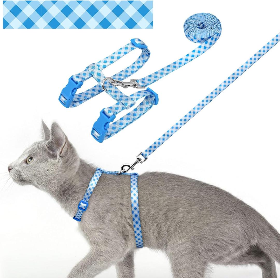 azuza Cat Harness and Leash Set for Safe Walking and Travel, Escape Proof Cat Harness, Lightweight Soft and Comfortable, Adjustable Kitten Harness for Cats, Blue Plaid, Neck Girth: 7"-10", Chest Girth: 10"-17"