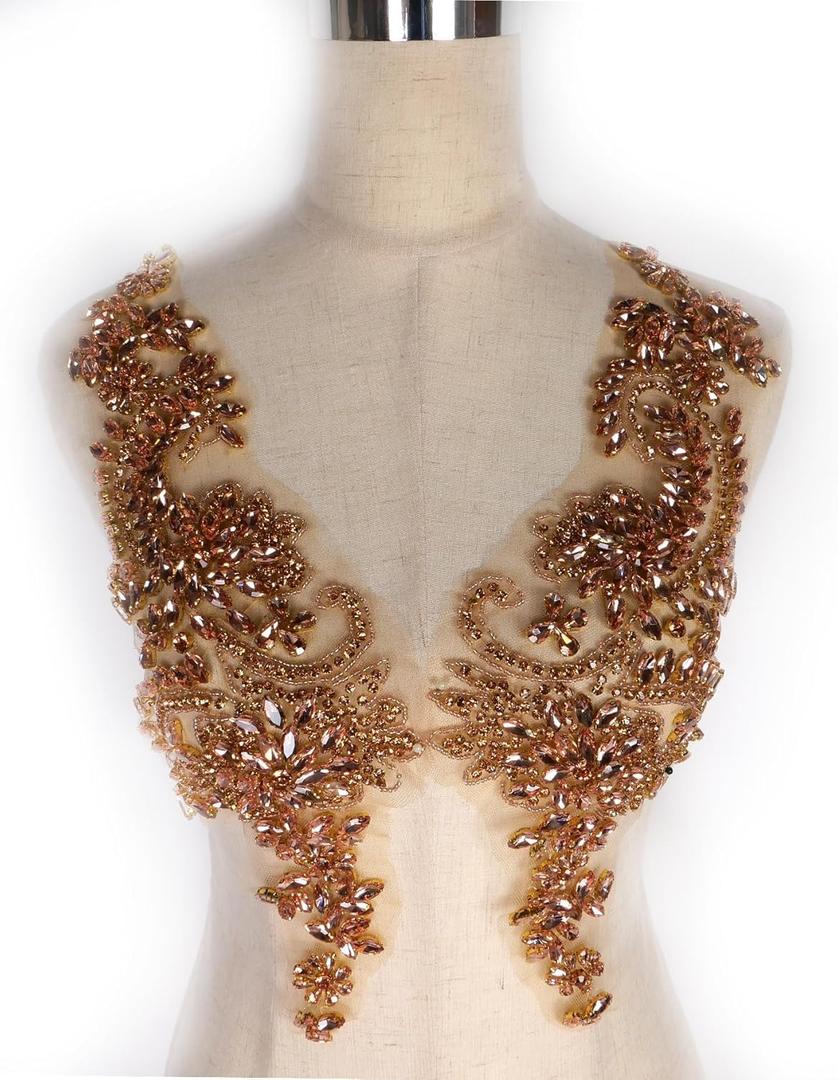Luxury Look Shiny Rhinestone Pair Applique Patch in Gold Silver Champagne AB Color for Prom Dress Belt Arts Crafts Sewing Decoration (Champagne-C)
