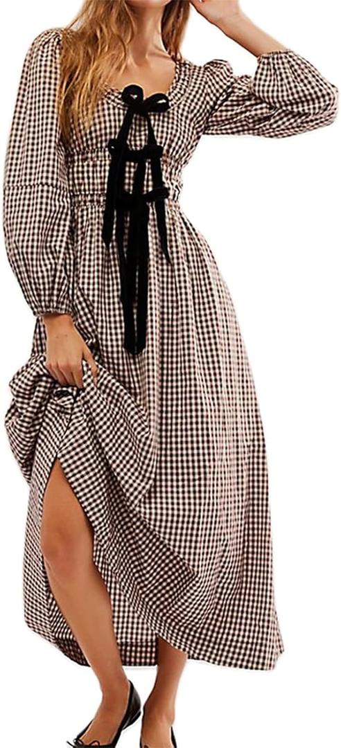 Women Plaid Maxi Dress Long Puff Sleeve Square Neck Flowy Boho Dress Bow Tie Smocked Fall Dresses (Small, Brown)