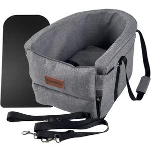Kumdita' Center Console Car Seat & Carrier for Small Dogs & Cats with Dual Over-Seat Straps, Sewn-in Safety Leash & PE Board Base (Grey)