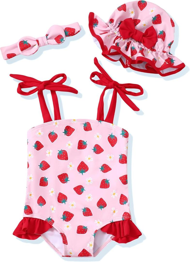 Renotemy Baby Girl Swimsuit Toddler Girls One-Piece Swimsuit Summer Beach Bikini Girl Bathing Suits with Hat 0-24 Month (Strawberry)