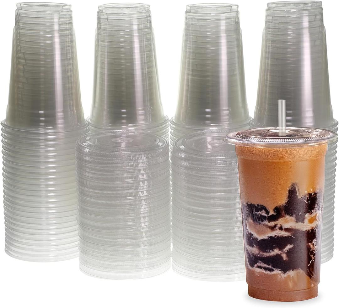Freshware Clear Plastic Cups with Flat Lids and Straws [100 Cups - 20 oz] Disposable Tumblers for Iced Coffee, Smoothie, Milkshake, Cold Drinks