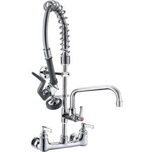 Commercial Wall Mount Kitchen Sink Faucet Brass Constructed Polished Chrome Pre-Rinse Device 25" Height 8" Center with Spring Pull Down Sprayer and 12" Add-on Spout (25 inches)