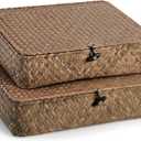 Elsjoy 2 Pack Flat Seagrass Storage Bins with Lid, Wicker Woven Storage Basket Set, Rattan Organizer Bins for Shelf, Closet, Bedroom