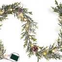 9FT Snow Cedar Pine Garland,Prelit Christmas Garland with Timer,Realistic Garlands Battery Operated for Winter Holiday Outdoor Staircase Decorations 30LED