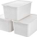 Dicunoy 4 Pack Lidded Storage Bins with Lids, White Stackable Storage Baskets for Shelf, Plastic Pantry Organizer with Handle for Home, RV, Lockers, Classrooms, School, Toys, 11" x 7" x 5"