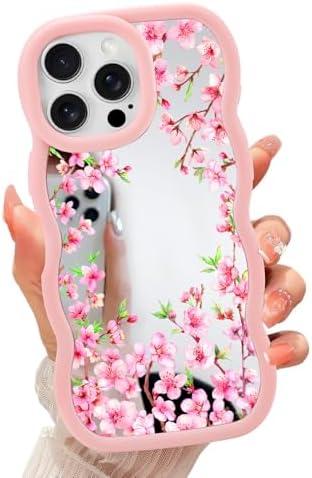 ZIYE Mirror Case for iPhone 15 Pro Max Case,Cute Wave Edge Flower Pattern Design Phone case for Women Girls Soft TPU Back Protective Slim Phone Cover Pink