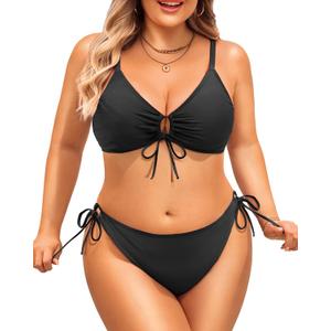 Daci Women's Plus Size Triangle Bikini Set, Sexy Tie Front Two-Piece Swimsuit (Black)