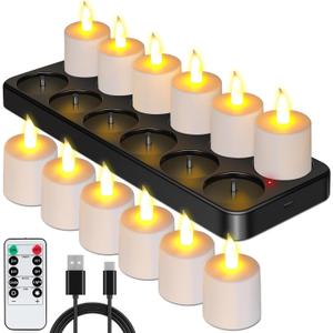Esup Rechargeable Tea Lights Candles 12pcs Flameless Flickering Candles with Remote Control Timer & Charging Base, Decoration Parties, Weddings, Bar, Family, Dinner Outdoor Picnic